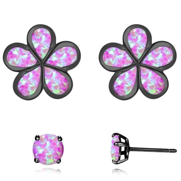 BijouStudios Earrings Jewelry - 14K Black Gold with Genuine Purple Fire Opal Flower Post Stud Earrings Set of 2